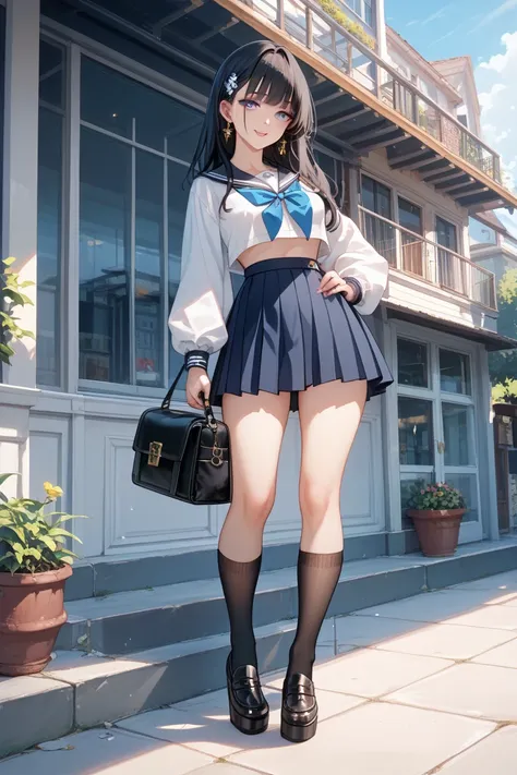 A girl wearing a summer sailor suit。The length of the skirt is below the knee, dark blue high socks and loafers。Tall and thin（168 cm 45 kg）I have a black leather bag。Natural makeup with long black hair。has big, innocent, and adorable smiles。Standing on the...