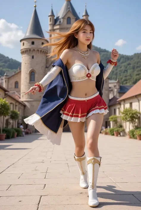 (perfect body, Namira Roddginger, ryoko hirosure), (Full body), A cheerful warrior princess running dynamically across a wide open courtyard in front of a grand medieval castle. She has long, flowing, orange-yellow hair with bangs that cascade down her bac...