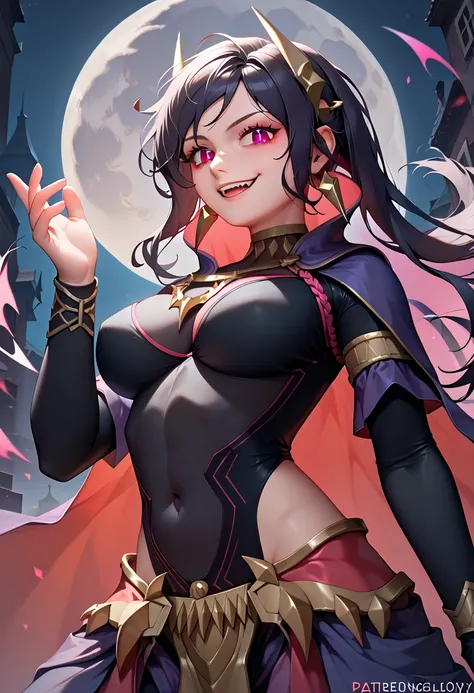 1girls:1.2, RobinRearm, very long black messy hair, red eyes, official alternate costume, long black messy hair, red eyes, hair ornament, black bodysuit, large breasts, bridal gautlets, cape, covered navel, evil smug, evil smile, vicious, sexy, night sky, ...