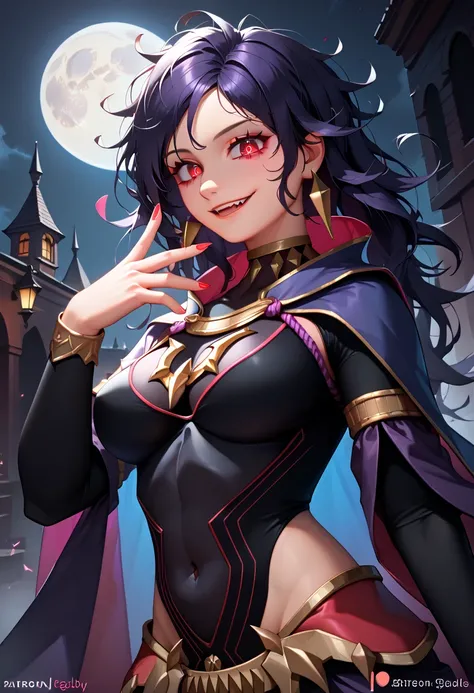 1girls:1.2, RobinRearm, very long black messy hair, red eyes, official alternate costume, long black messy hair, red eyes, hair ornament, black bodysuit, large breasts, bridal gautlets, cape, covered navel, evil smug, evil smile, vicious, sexy, night sky, ...