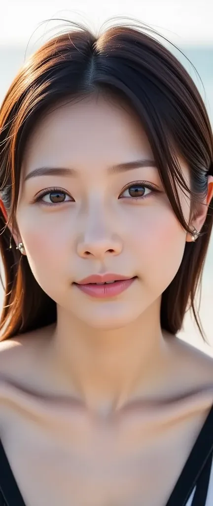 Photo-realistic portrait of a Japanese woman with delicate, transparent skin, refined eyes with subtle makeup, an elegant hairstyle bathed in soft natural light, and a graceful smile. A high-quality image with meticulous attention to detail. photo studio l...