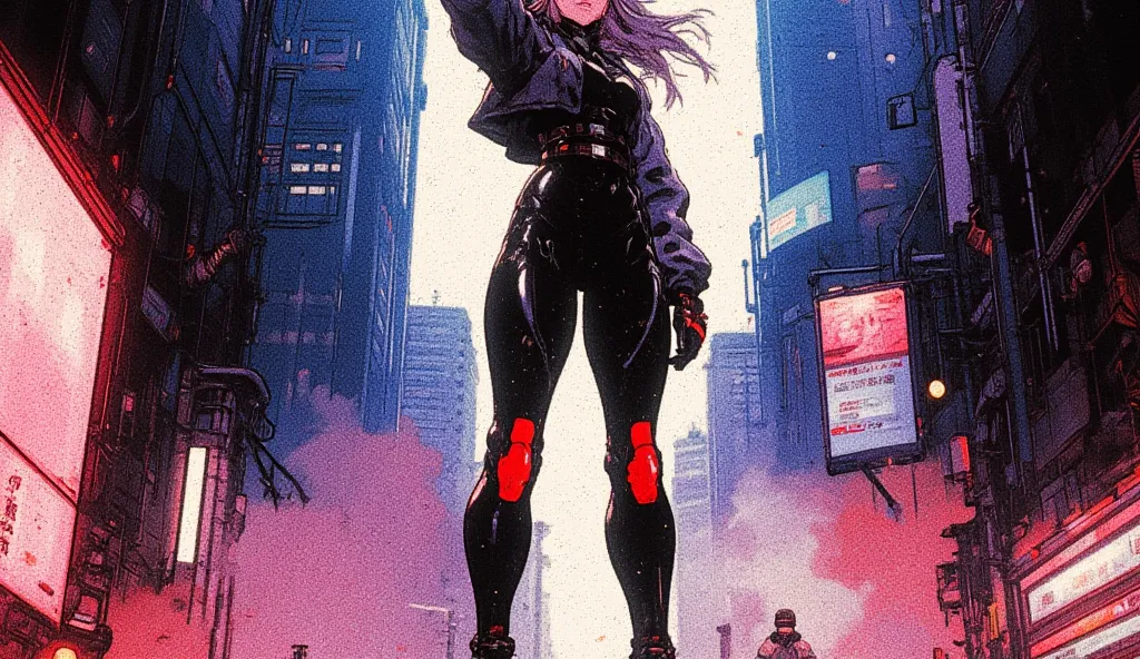 A full-body anime character in the iconic style of Masamune Shirow's Ghost in the Shell, blended with the nostalgic 80s/90s anime aesthetics of Akira. She stands triumphantly at the center of an ultra-wide, expansive composition, ensuring her entire figure...