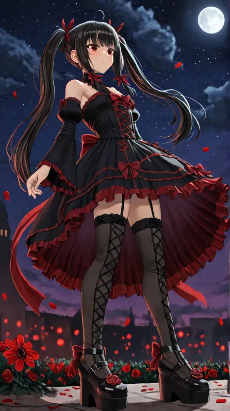 A 2D anime-style night scene in which a young adult woman walks calmly down a quiet street, illuminated by the silvery light of a full moon. She is wearing an elegant black and red Gothic Lolita dress with lace and bow details, paired with lace-up stocking...