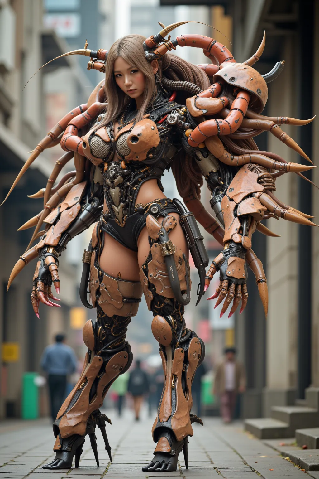 Masterpiece, top quality, 8k, Japanese woman in heavily armed super grotesque crayfish-like bio suit, A machine is implanted in the living body, inverted jointed leg, clear color and vivid textures, ultimate realistic beautiful female face, bio-mechanical,...