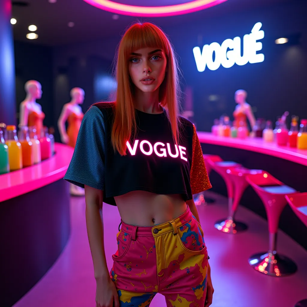 young woman, with super straight and long ginger hair, parted in the middle, green eyes, body with big butt and breasts, wearing a black cropped top with colorful sleeves like an abadá, with "Vogue" written on the cropped top, with visible letters in Neon,...