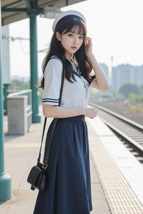 girl wearing summer sailor suit。The length of the skirt is below the knee, dark blue high socks and loafers。Tall and thin（168 cm 45 kg）I have a black leather bag。Natural makeup with long black hair。Her eyes are big, innocent, and she has a lovely smile。She...