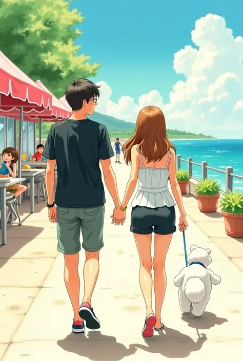 watercolor anime style，summer afternoon boulevard，couple walking hand in hand，boys are slightly fat brunettes with single eyelids and gold glasses wear black T-shirts and shorts，Girls with slightly curly bangs and long hair wear white strapless clothes and...