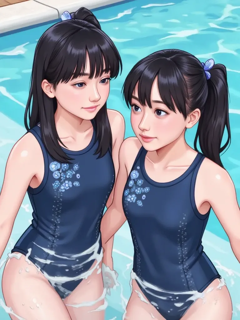 Two Girls、Elementary school students playing in the pool in dark blue swimsuits、 Hot Summer Day、upper body
