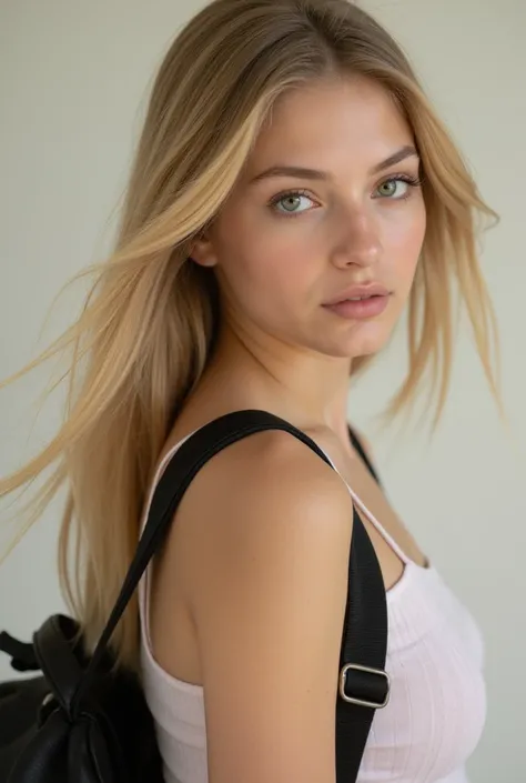 Belle fille parfaite, elle a 18 ans, elle a un sac a dos scolaire. Elle est en pull. Elle est parfaite, super belle, elle est blonde. Elle a du maquillage, ce qui la rend encore plus belle