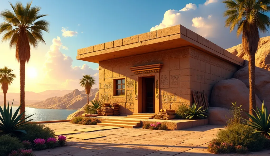 
An ancient Egyptian house, seen from the front in a semi-isometric perspective, built high on a rock. The residence is made of clay bricks and features a flat roof, typical of Ancient Egyptian architecture. next to, a large woodworking establishment is in...