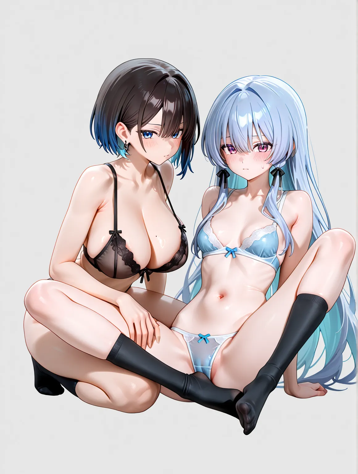 2 girls、 accurate human body structure 、8k,masterpiece, Best Quality,  Anime Girl ,  is exquisite and beautiful, when my earlobes were fueled 、  clear _picture、  vulgar、 high school girl 、 Horny girl 、 slim body、 is embarrassing、shy、（Girl 1、 in underwear、b...