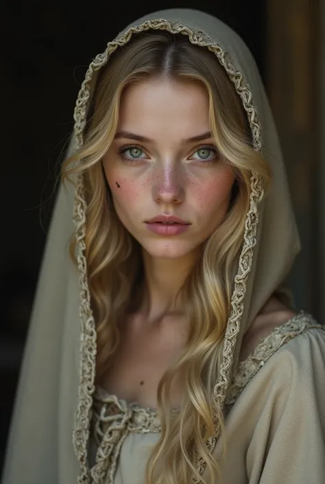 beautiful young woman,  blonde, with a small black birthmark on the right cheek, in a simple dress of a married woman from the Russian Empire, shrouded in a shawl. the face is painfully pale worth the well