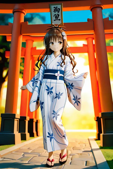 NSFW,masterpiece,Best Quality,Hi-Res,very detailed,Yuuki Mikan\(ToLOVEru), Hair、long hair、yellow eyes、hair ornaments close to the garden、Hair ties, kimono,yukata,shrine,torii