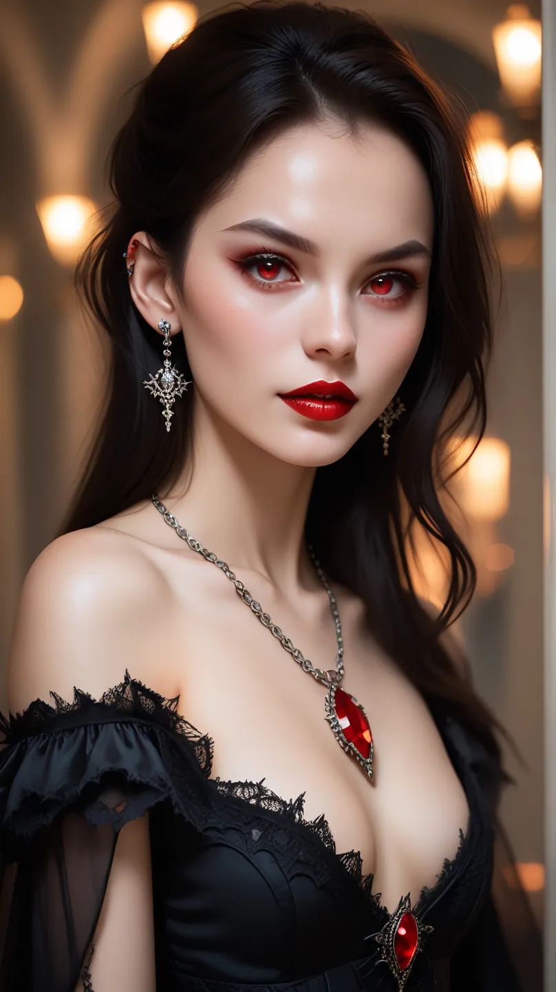    woman,  pale skin, fair skin,  white skin, Red Eyes, red lips, black hair,  black dress, silver earrings and necklace, highlight the earrings, red jewelry on necklace and earrings, necklace with jewel in the shape of a bat, bat-shaped earrings, small bo...