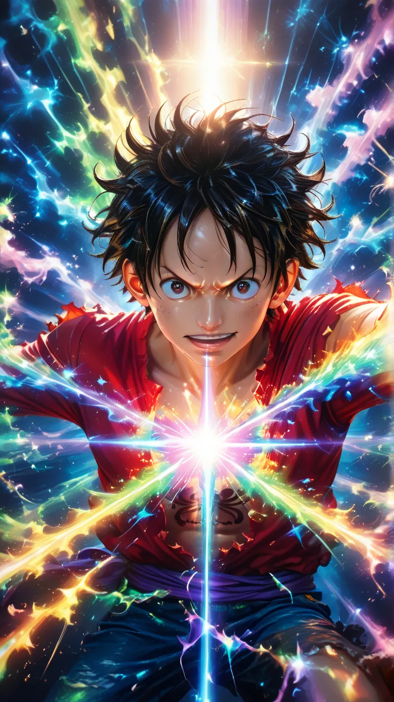 8K. Rainbow light. Shining. One Piece character Monkey D. Luffy,