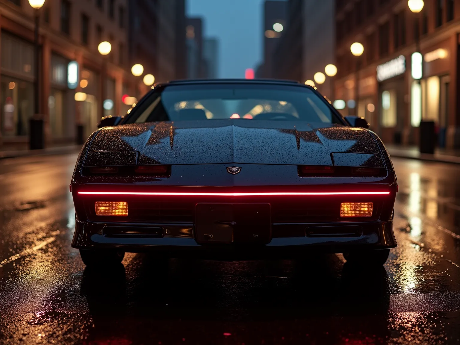 A sleek black 1984 firebird with red scrolling scanner runs flush with top of the bumper driving down a wet city street at night, reflecting the lights of the surrounding buildings and streetlights. Here are the precise parameters for correct placement of ...