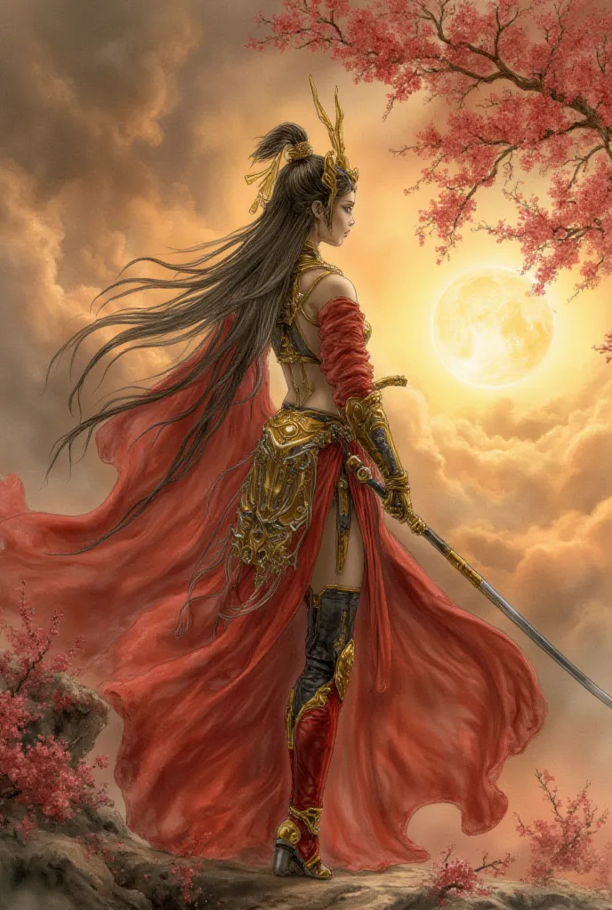 "A cybernetic samurai, where tradition meets the future. Her revealing sexy red robe flows with the wind, adorned with golden circuitry, as cherry blossoms intertwine with her mechanical essence. Beneath the rising sun, she stands—a warrior of fate, embrac...