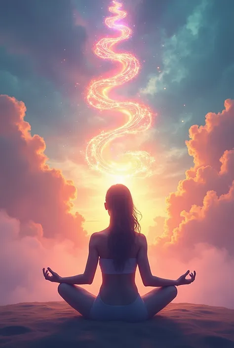 The background is clouds of many pastel colors. Above these is a silhouette of a woman from the front meditating in lotus position. In front of her a large spiral connects each of her chakras