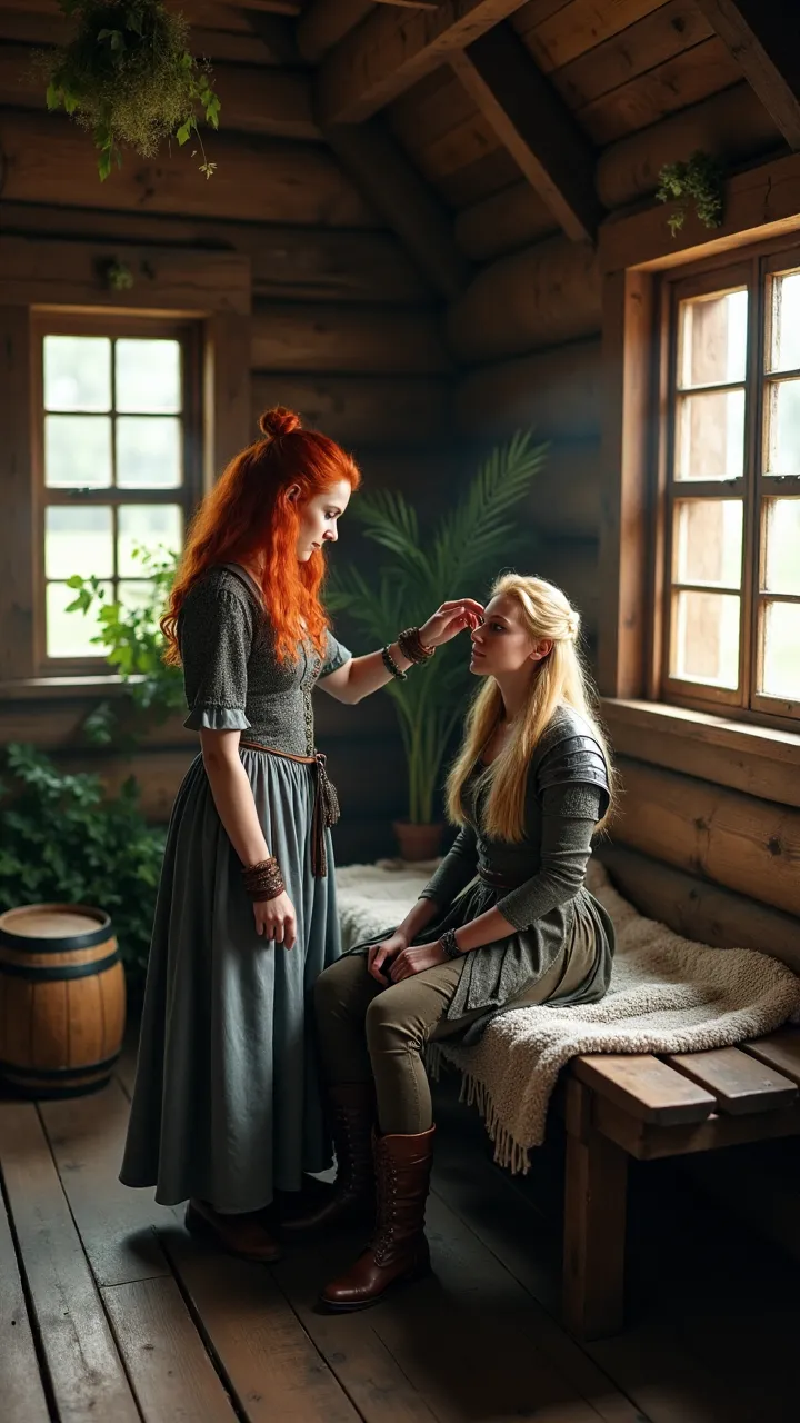 Interior scene in a wooden Viking cabin,  with natural light entering through the windows . Two Viking women are in the scene: one standing, red-haired, wearing a detailed gray dress metal elements and leather accessories, while another blonde woman is lyi...