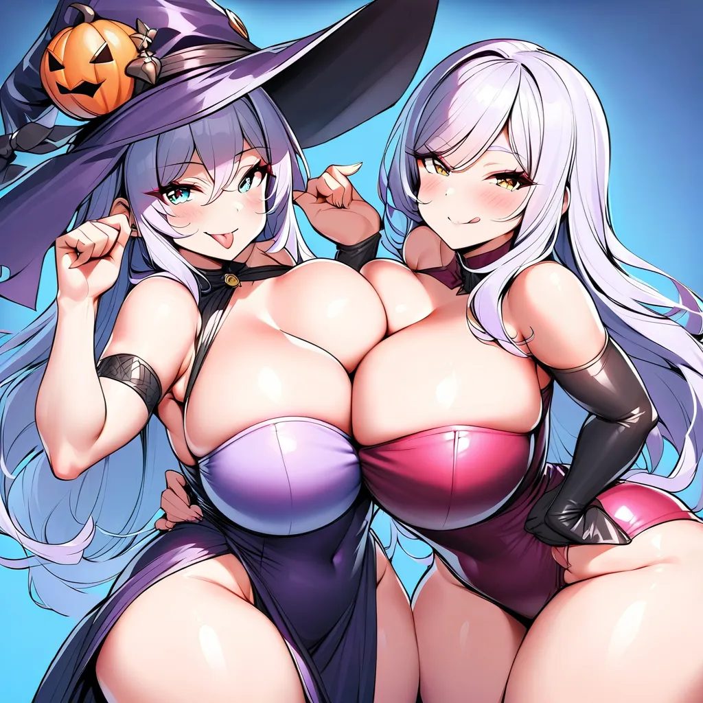  witches series, witch outfits, wizard hats, big bosom, buxom, 2 womans, curvy body, they're together, they're posing together for a photo, ((they're together Making a playful pose)), tongue out (playfully), their big bosoms ARE firmly pressed against each...