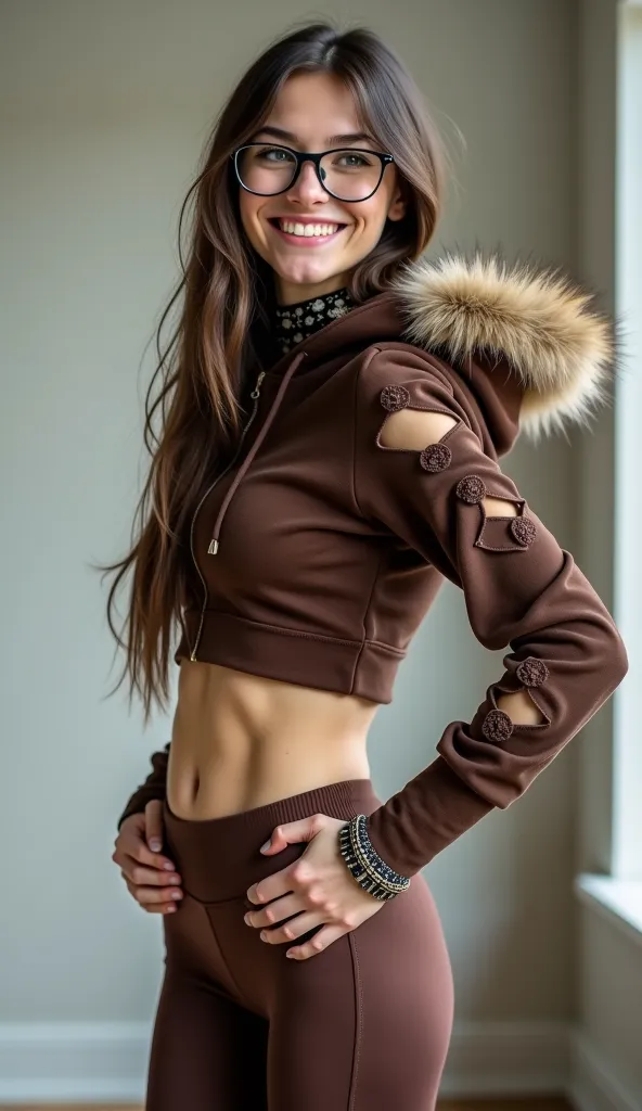 Amateur ultra-realistic photo of a innocent Norwegian , she is a real 15 y old, (skinny body), extremely skinny legs. she has extremely small breasts. she has extremely small buttocks ass. long hair. she wears a brown long sleeve hooded crop top. the crop ...