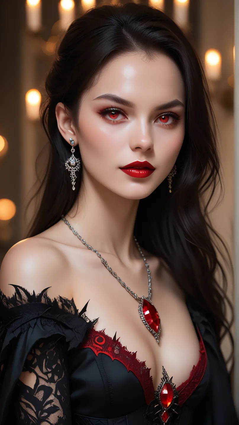    woman,  pale skin, fair skin,  white skin, Red Eyes, red lips, black hair,  black dress, silver earrings and necklace, highlight the earrings, red jewelry on necklace and earrings, necklace with jewel in the shape of a bat, bat-shaped earrings, small bo...