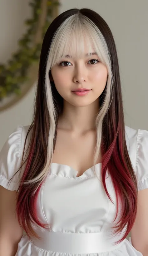 Silky smooth hair、Three hair colors: white blond hair, black hair, and red hair、Flush the bangs、 hairstyle is straight、Long hair up to chest、The hairstyle is a ponytail、maid clothes、skirt