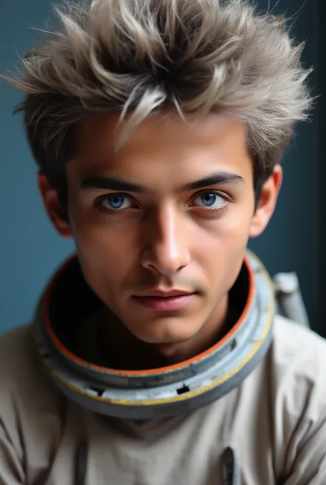 (Close-up of a better masterpiece:1.5)0.9], (Space and astronauts:1.2) (Messy silver hair:1.1) (Heterochromia xanthochromia and blue eyes:1.2) (Space Helmet:1.0) (Colored stars in the eyes:1.0) (A radiant glow:1.1) (thick lips:0.9)