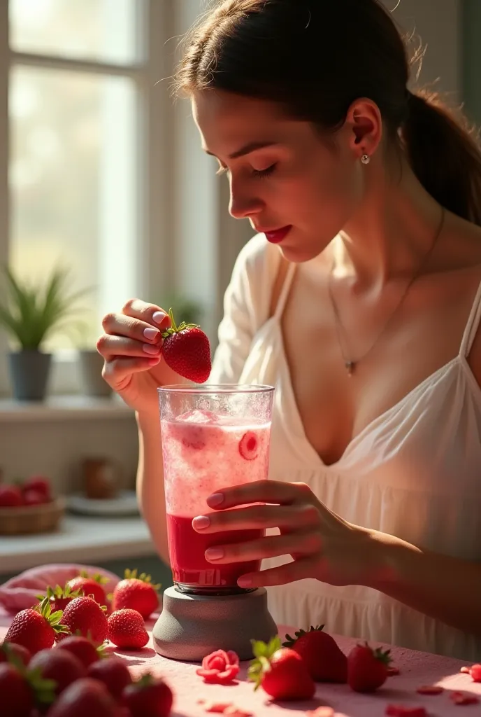 Woman blending strawberries, rose, 