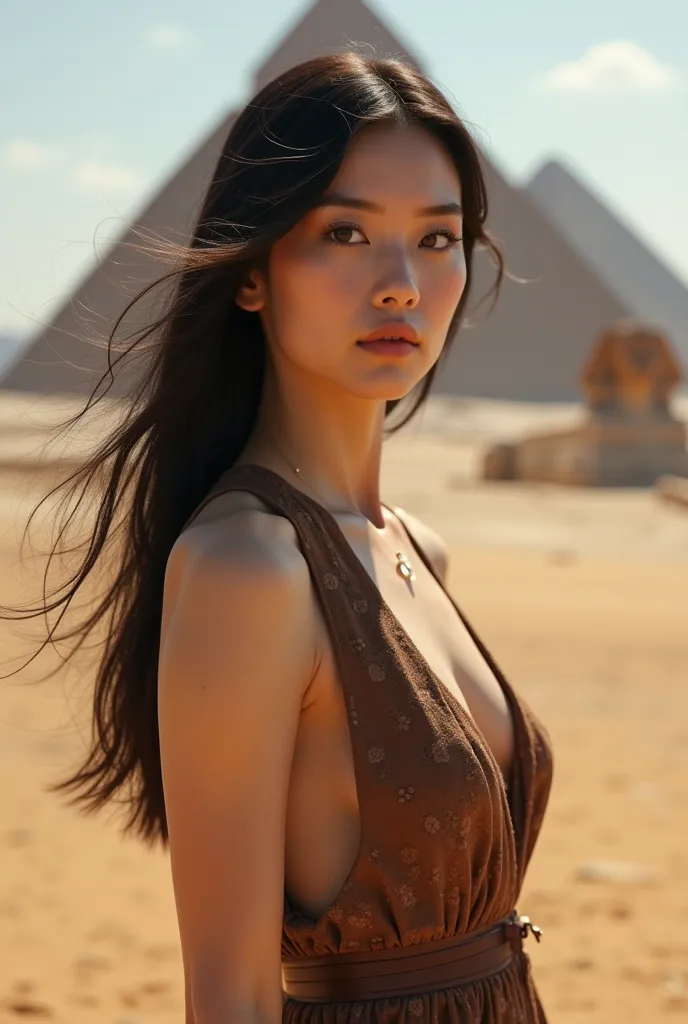 Beautiful Korean woman dressed in low-cut coffee , Full body, In the background the pyramids of Egypt and the Sphinx