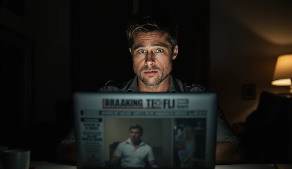 A tense, photorealistic scene of Brad Pitt in a dimly lit room, reading alarming headlines on a laptop or tablet. Reflections of ominous breaking news about terrorist attacks are visible on the screen. Subtle shadows highlight his shocked expression, conve...