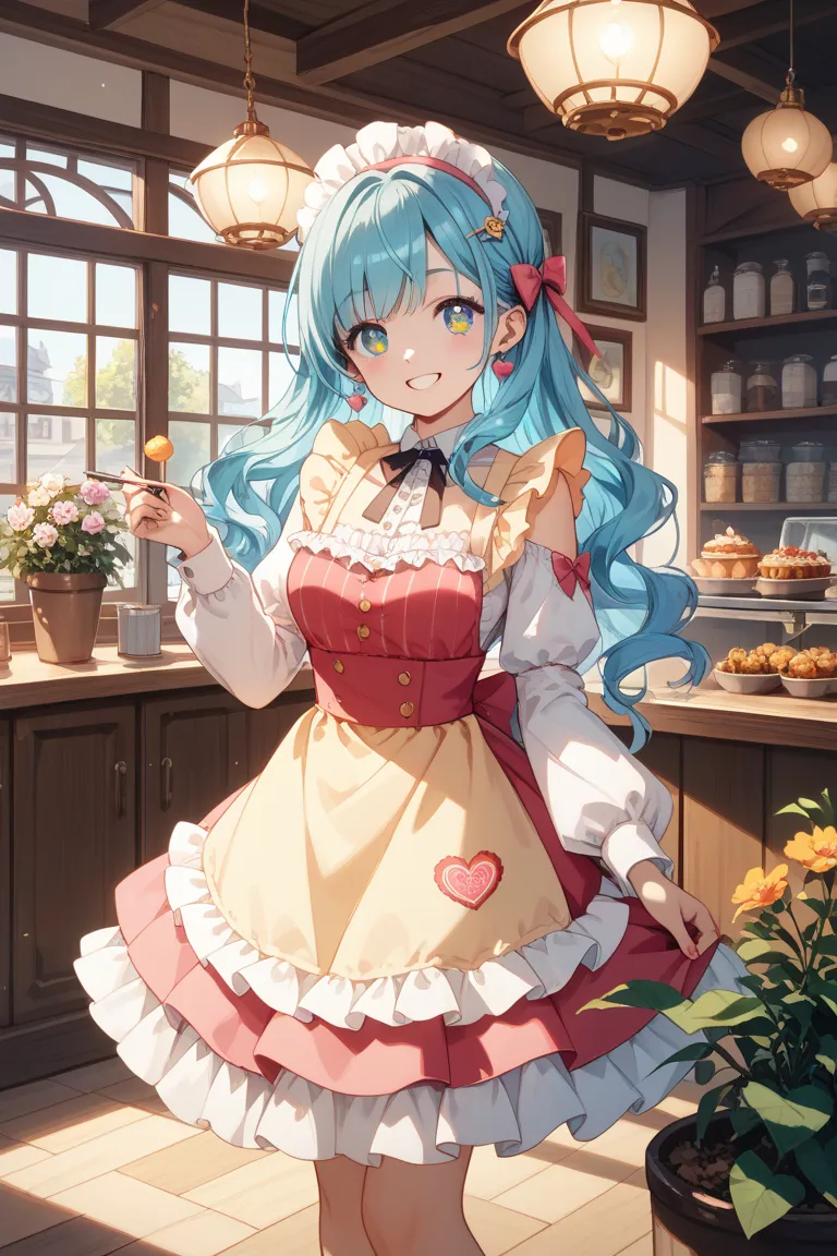 Create a cute, moe-style illustration of a girl standing in front of a cafe door, smiling brightly. She has big, sparkling eyes and long, flowing hair adorned with a cute hairpin. She's wearing a stylish, frilly apron over a colorful dress, and her outfit ...