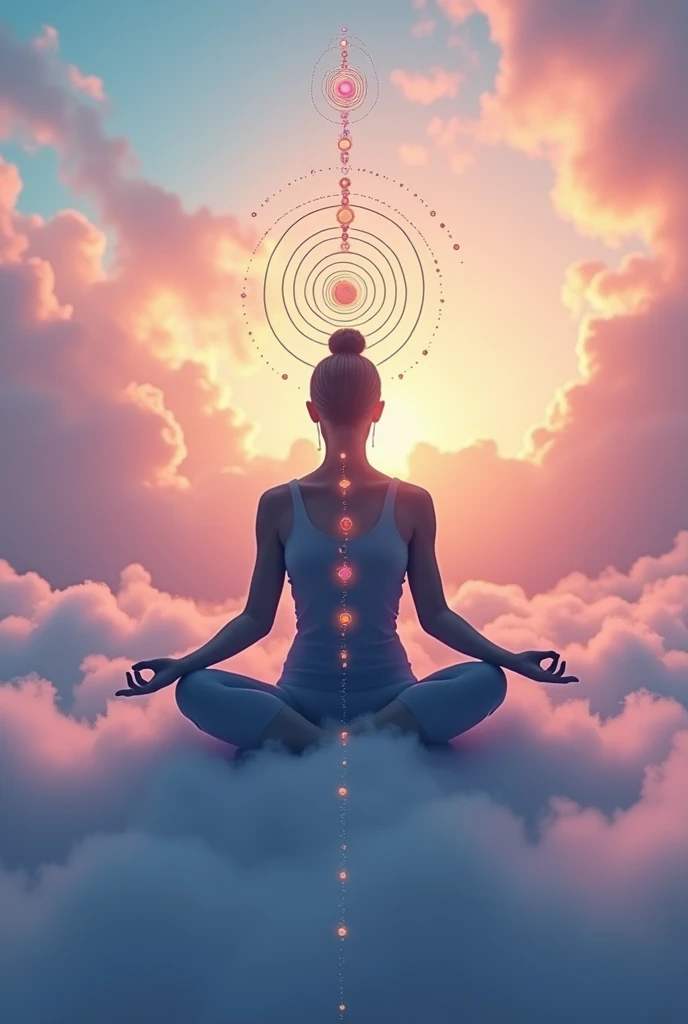 The background is clouds of many pastel colors. Above these is a silhouette of a woman from the front meditating in lotus position. In front of her, a large spiral is drawn connecting each of her chakras.