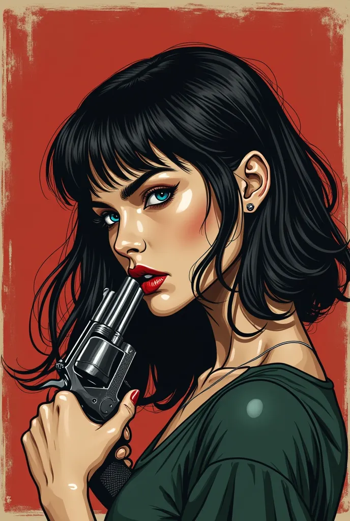 generates a surreal image representing that phrase "彼女は私のheadをリボルバーのように使った". It depicts a woman with a fierce expression, has a revolver with a gun out of a man&#39;head. Use dark colors and contrasts to create tension and drama. and let's make it an old s...