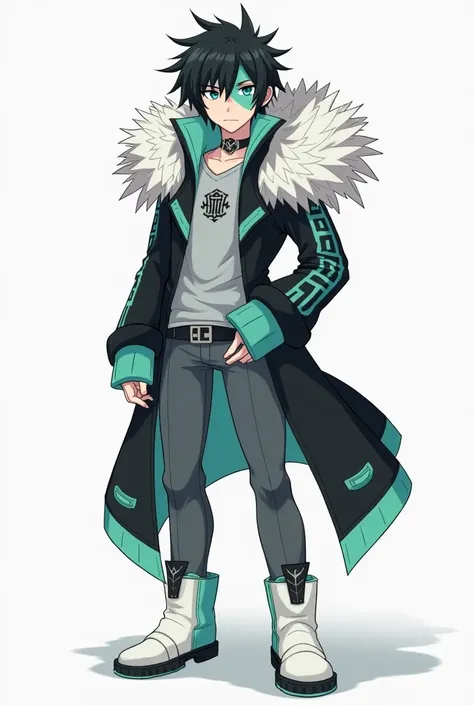  He is fair skinned and thin built. He has messy black hair with a light teal strip of hair covering his right eye. 
He wears a grey shit with his emblem on it in black. He also has teal eyes
Black jacket that has teal tips to the sleeves and bottom of the...