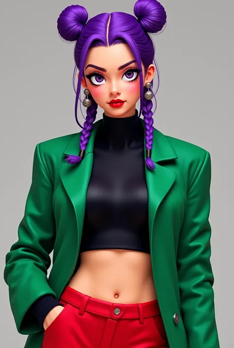 In Free Fire women's one with purple hair with braids on both sides, a short green coat with a cropped black blouse and a pair of red shorts on the side.