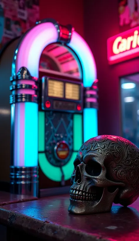 Hyper-realistic image of a 1950s jukebox in a retro diner setting. The jukebox shines with chrome accents and vibrant neon lights in pink and blue hues. Next to it, a gothic skull with intricate engravings rests on a worn countertop, creating a striking co...