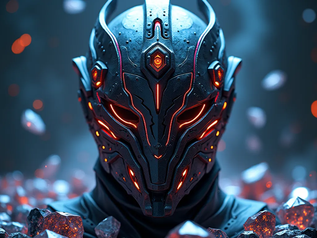 Cybernetic knight mask among diamonds, neon,  art nouveau style 