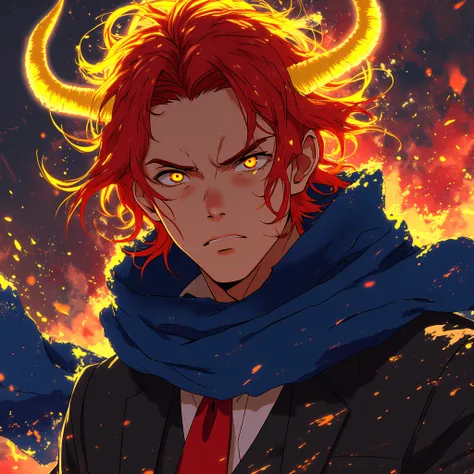  better quality, amazing quality, anime,man, young, Long intense red hair ,Yellow eyes, dark blue long scarf, golden horns ,esmoquin,red tie,slim body with toned muscles,(full body image)