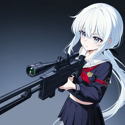 wearing short serafuku that end above midriff with a mini skirt. white long hair with low ponytail. holding an (anti-material sniper rifle) and aiming