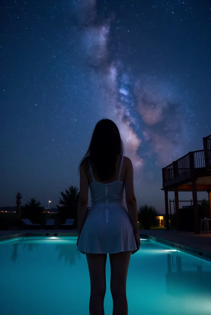 Silhouette of a beautiful girl、full body、 white mini dress 、Standing in an evening swimming pool with the big bright Milky Way in the background、Picture taken from right next to her、Fantastic Atmosphere、