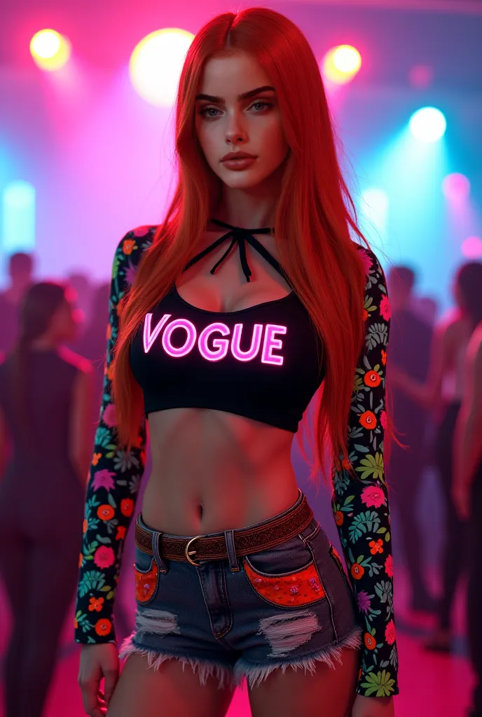 young woman, with super straight and long ginger hair, parted in the middle, green eyes, body with super big butt and breasts, wearing a black cropped top with colorful sleeves similar to an abadá, with "Vogue" written on the cropped top with visible lette...