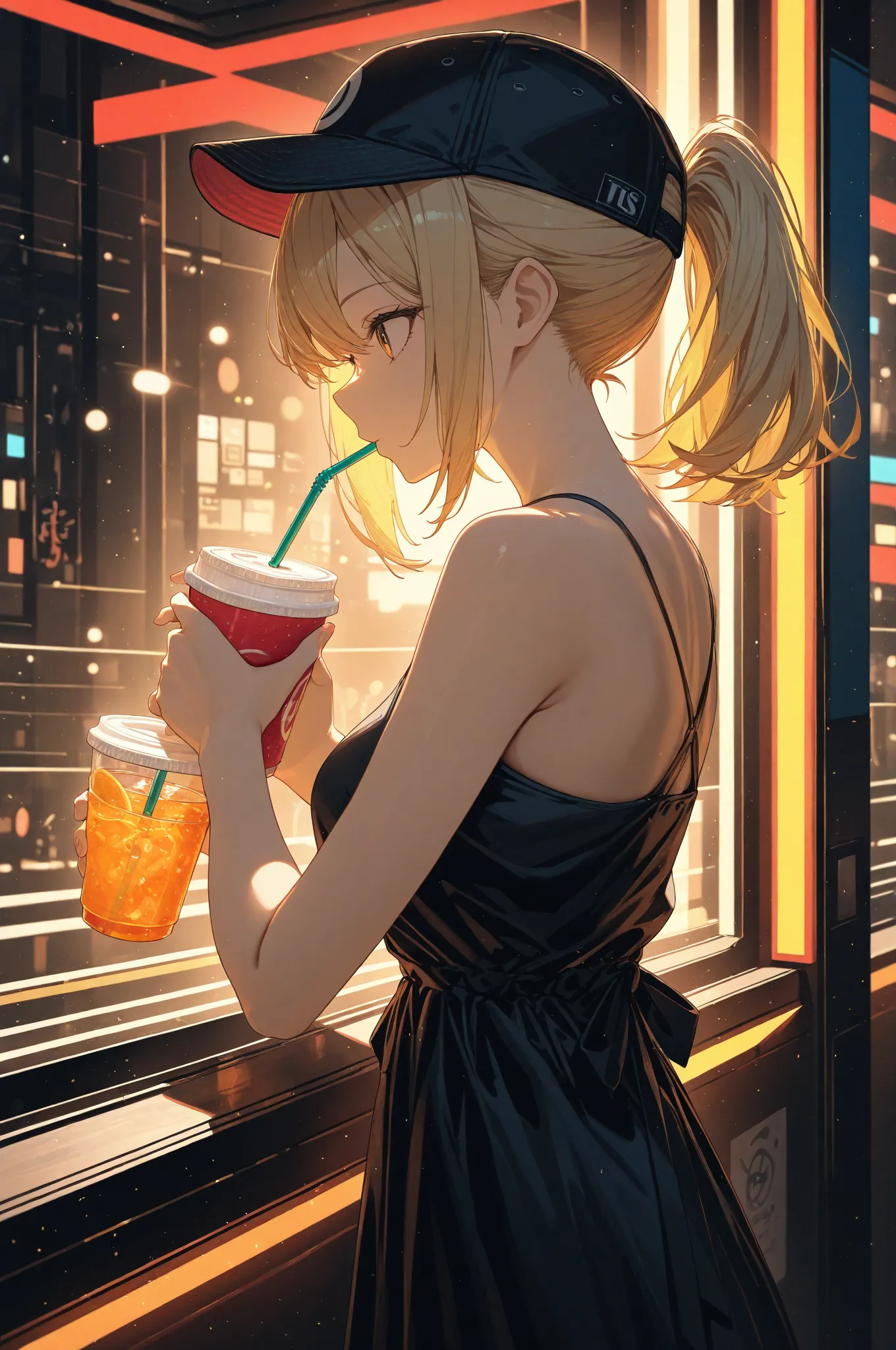 1 girl, Alone,  Vivid ,
 short hair, cup, profile in landscape orientation from, Food, ponytail,  drink , side lock, holding, [fruit,  from side, disposable cup,  drink  straw, upper body, you are aiming for is facing the side, baseball cap, holding cup, b...