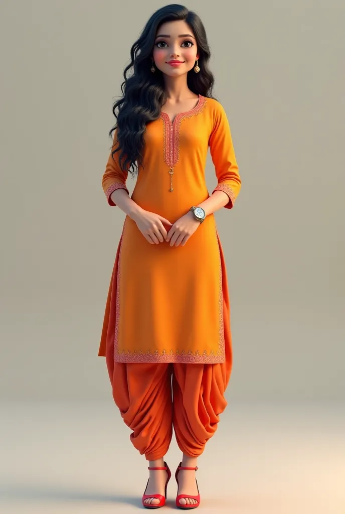 Indian girl, 32-year-old, (tight deep neck kurti, patiala pant), wrist watch, high heels, 36 34 34, gentle lighting, intricate facial details, (bright smile:1.2), (intricate detailing:1.6 faces & eyes & nose & ears & lips & curves & skin & body parts), eye...