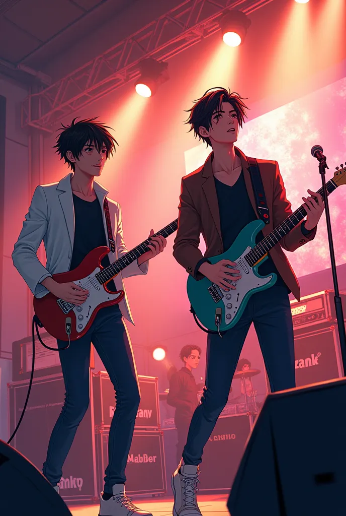 Two guys in a music band, both tall and very attractive, in highschool, more in drawing and anime style.