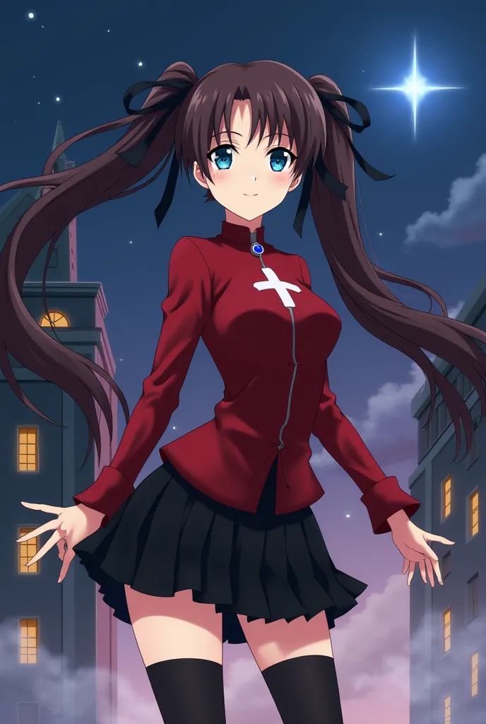 Here’s a complete prompt for Rin Tohsaka:


---

"A confident and elegant anime girl with long, dark brown hair styled in twin tails tied with black ribbons. She has striking aqua blue eyes, fair skin, and a slim, graceful figure. She wears a red, long-sle...