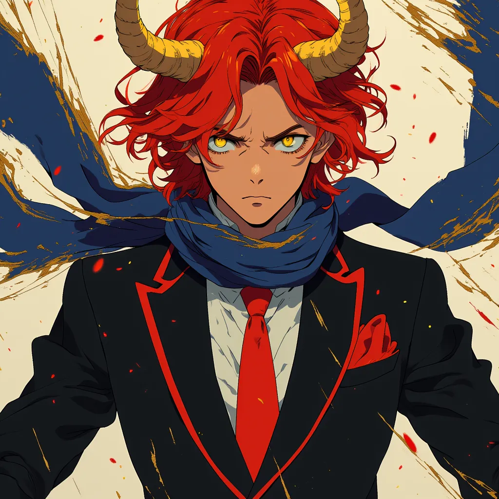  better quality, amazing quality, anime,man, young, Long intense red hair ,Yellow eyes, dark blue long scarf, golden horns ,esmoquin,red tie,slim body with toned muscles,(full body image)