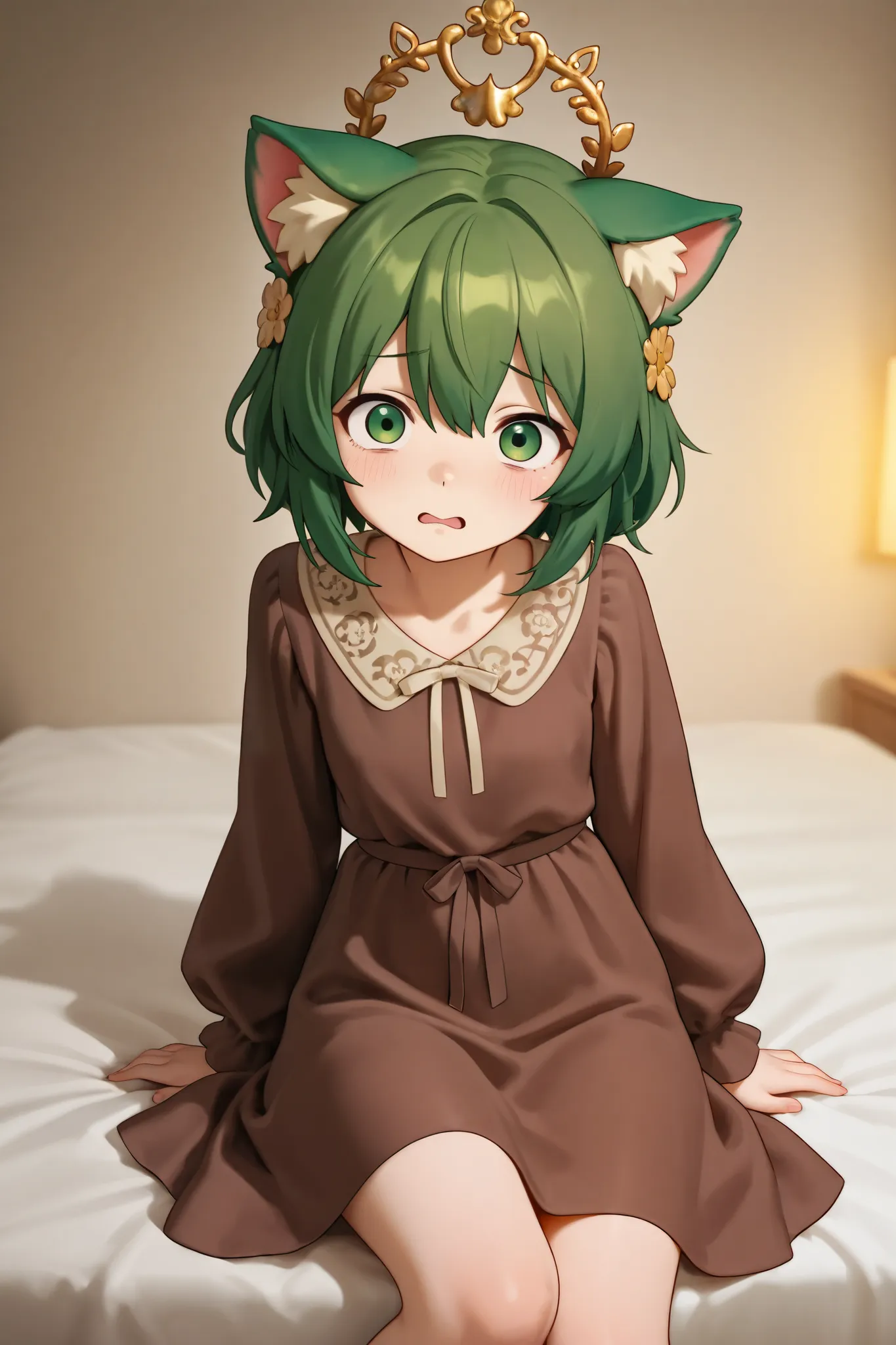 on the bed、girl sitting、best quality、brown shemo ears、Beautiful Girl、 green hair、Sister、short hair、Desperate 、Dog motifs、Green Eyes