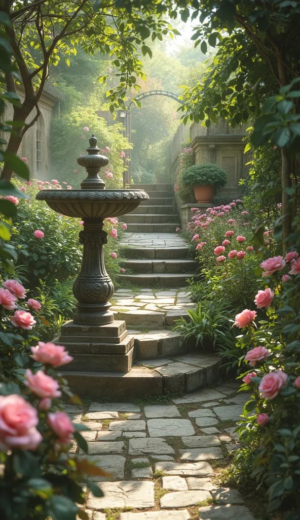 romantic garden, stone fountain, pink roses, cobblestone path, garden steps, lush greenery, dappled sunlight, vintage statue, ornate stonework, soft focus, dreamy atmosphere, English garden style, climbing roses, terracotta pots, mossy textures, hidden pat...