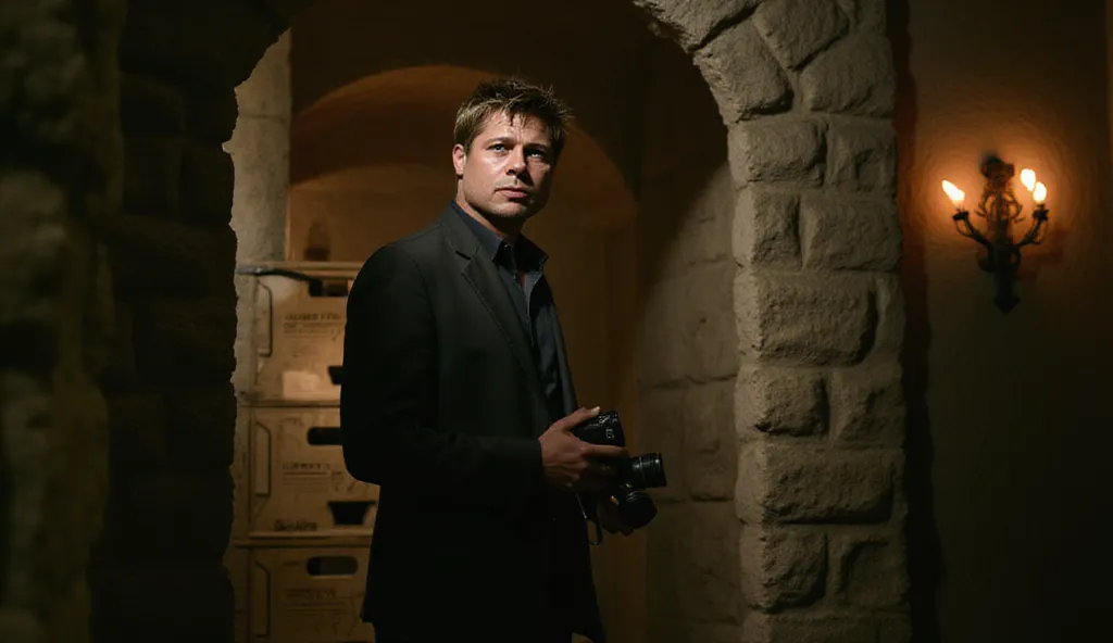 A highly detailed shot of Brad Pitt in a shadowy corridor inside the fortress, camera in hand, capturing secret documents or photos of weapons crates. The ancient stone walls and flickering torches hint at an old, hidden stronghold. A sense of high stakes ...